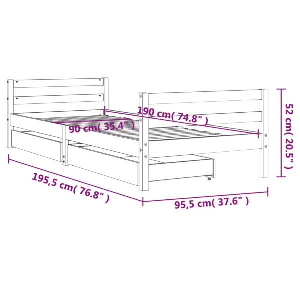 Estructura cama infantil y cajones madera pino negro 90x190 cm