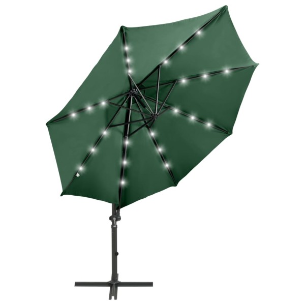 Sombrilla voladiza con poste y luces LED verde 300 cm