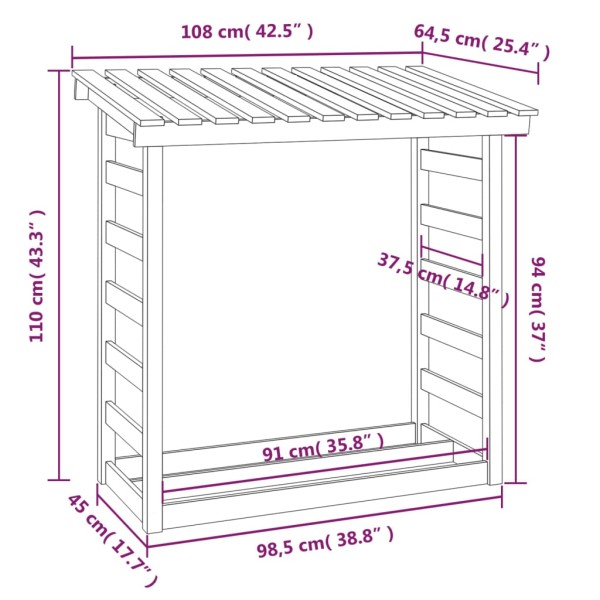 Leñero de madera maciza pino marrón miel 108x64,5x110 cm