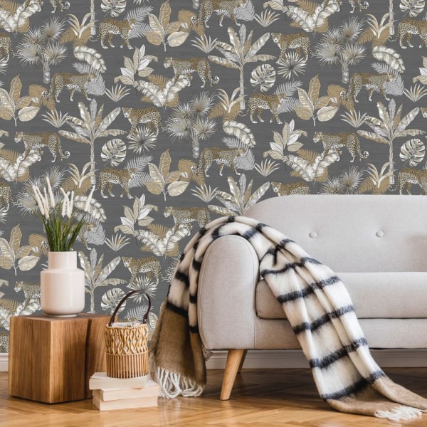 DUTCH WALLCOVERINGS Papel de pared leopardo gris y beige