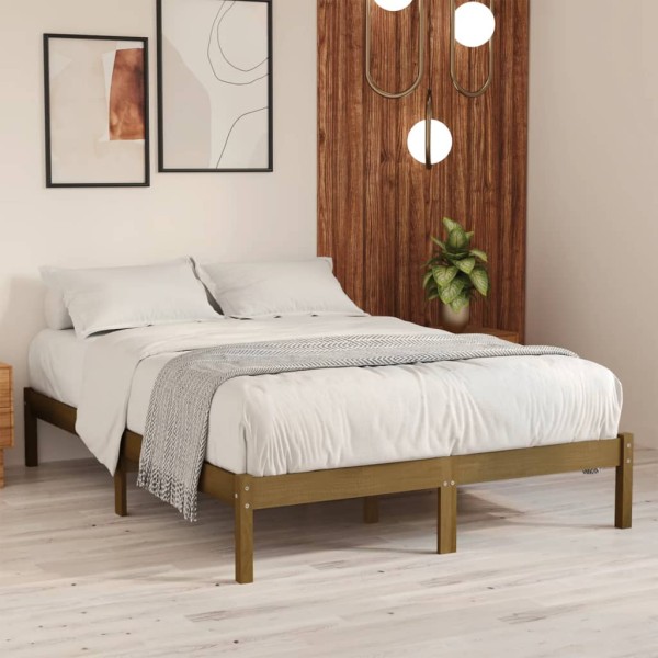 Estructura de cama doble madera maciza marrón miel 135x190 cm