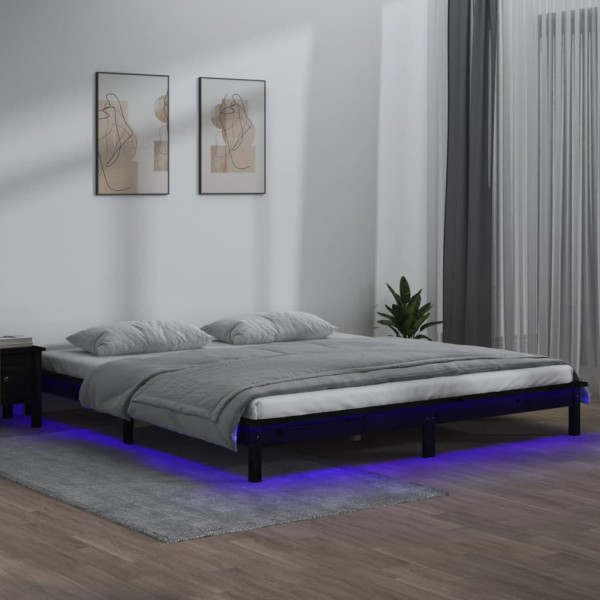 Estructura de cama con LED madera maciza negro 135x190 cm