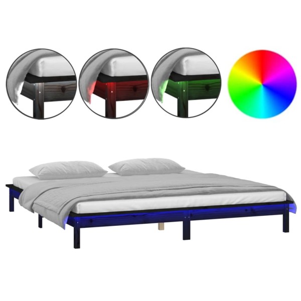 Estructura de cama con LED madera maciza negro 135x190 cm