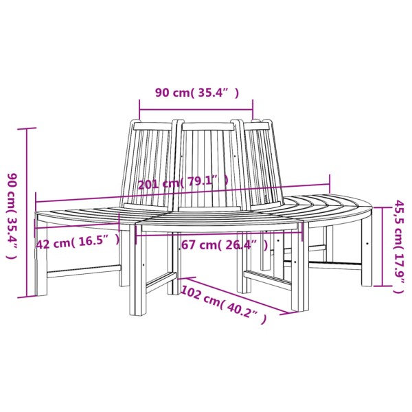 Banco de árbol semicircular madera maciza de teca Ø201 cm