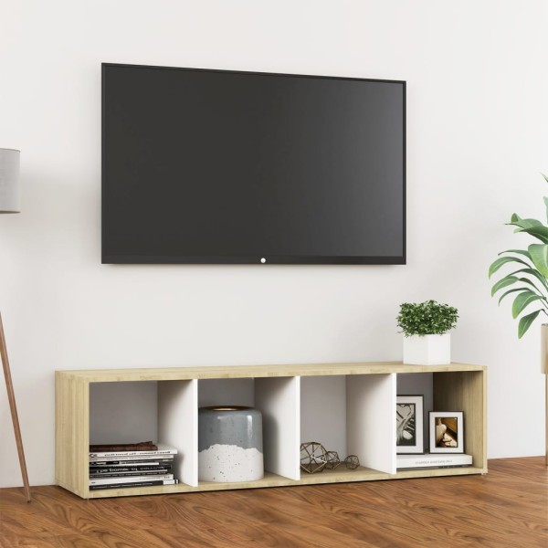 Mueble TV madera contrachapada blanco y roble 142,5x35x36,5 cm