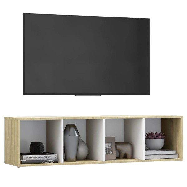 Mueble TV madera contrachapada blanco y roble 142,5x35x36,5 cm