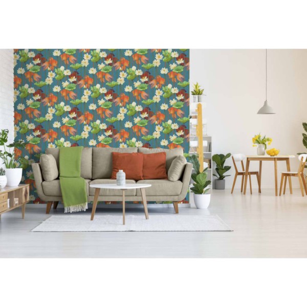 DUTCH WALLCOVERINGS Papel de pared de peces/flores azul