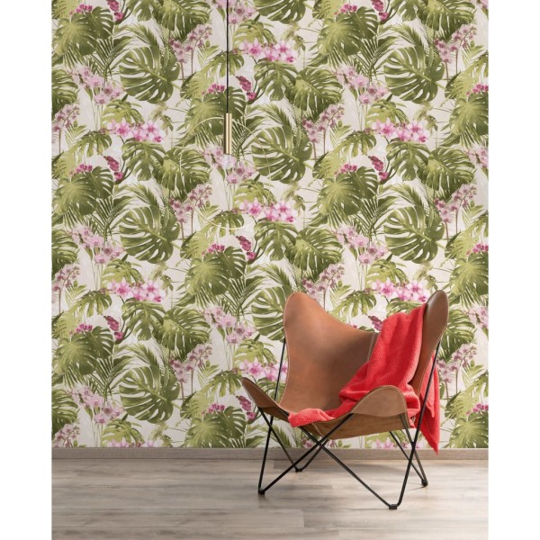 DUTCH WALLCOVERINGS Papel de pared Paradiso verde y rosa