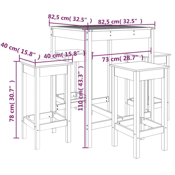 Mesa y taburetes altos de jardín 5 pzas madera pino marrón miel