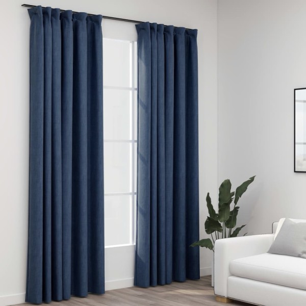 Cortinas opacas con ganchos look de lino 2 pzas azul 140x225 cm