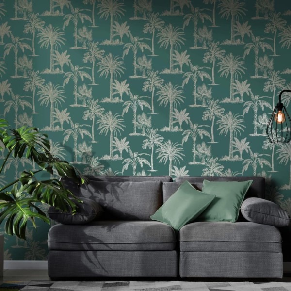 DUTCH WALLCOVERINGS Papel pintado árbol tropical verde azulado