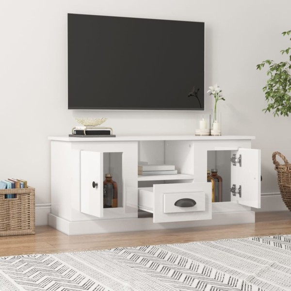 Mueble de TV madera contrachapada blanco brillo 100x35,5x45 cm