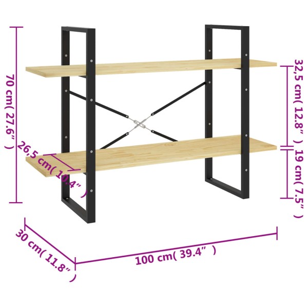 Estantería de 2 niveles madera maciza de pino 100x30x70 cm