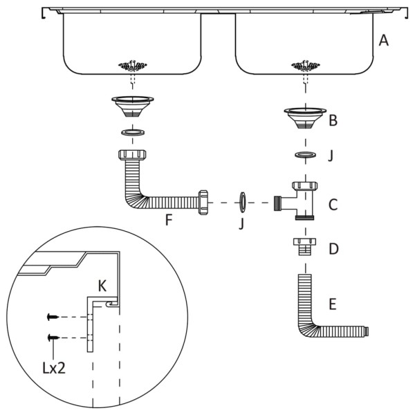 Fregadero de cocina doble seno acero inoxidable 800x600x155 mm