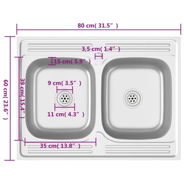 Fregadero de cocina doble seno acero inoxidable 800x600x155 mm