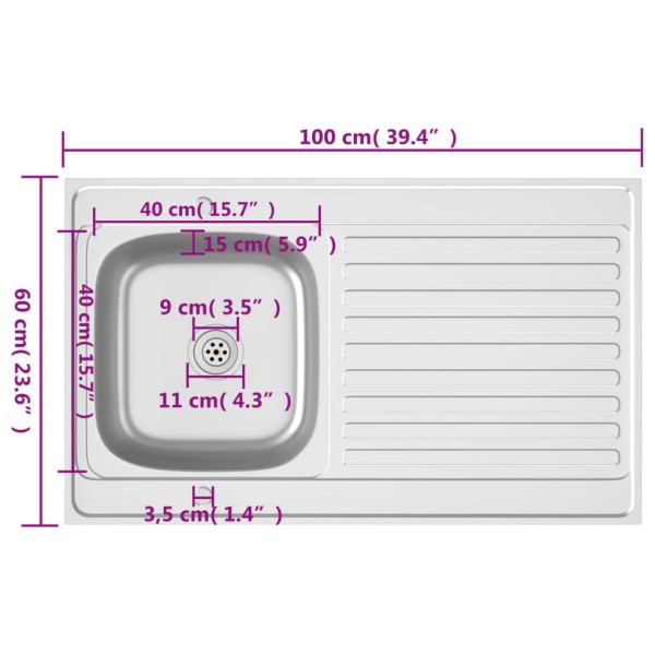 Fregadero de cocina con escurridor acero inox 1000x600x155 mm