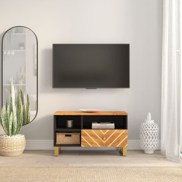 Mueble de TV madera maciza de mango marrón negro 80x33,5x46 cm