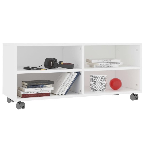 Mueble de TV con ruedas madera contrachapada blanco 90x35x35 cm