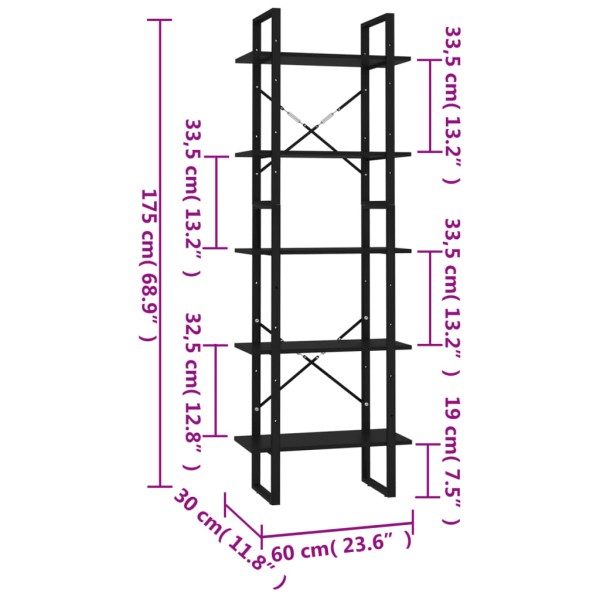 Estantería de 5 niveles madera de ingeniería negra 60x30x175 cm