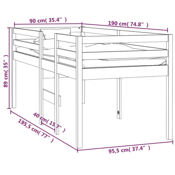 Cama alta madera maciza de pino 90x190 cm