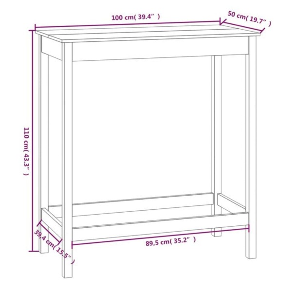 Mesa alta de bar madera maciza de pino blanco 100x50x110 cm