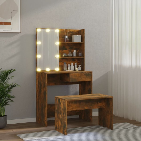 Juego de tocador con LED madera contrachapada roble ahumado