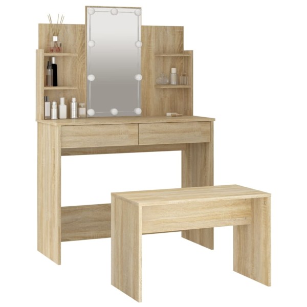 Juego de tocador con LED madera contrachapada roble Sonoma