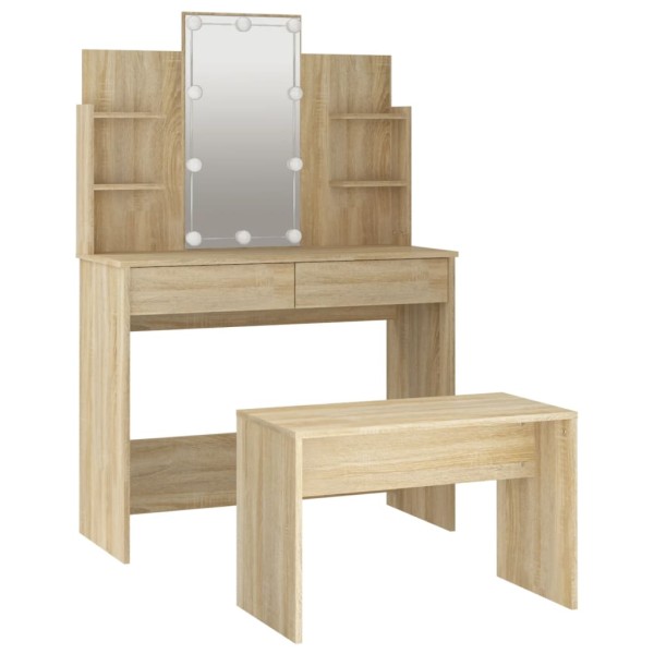 Juego de tocador con LED madera contrachapada roble Sonoma