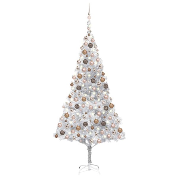 Árbol de Navidad preiluminado con luces y bolas plateado 210 cm