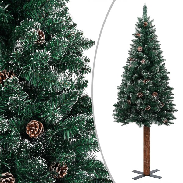 Árbol de Navidad delgado madera auténtica y nieve verde 180 cm