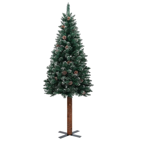 Árbol de Navidad delgado madera auténtica y nieve verde 180 cm