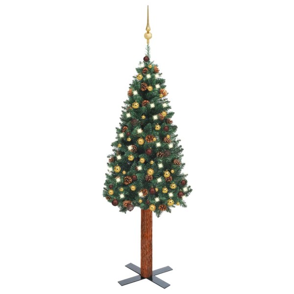 Árbol de Navidad delgado con luces y bolas verde 150 cm