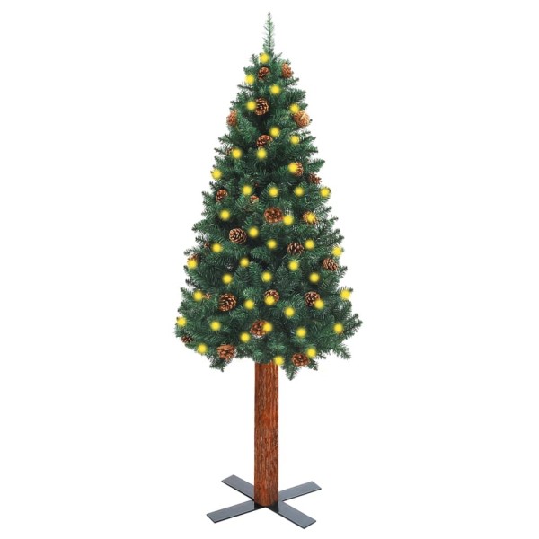 Árbol de Navidad delgado madera auténtica y piñas verde 210 cm