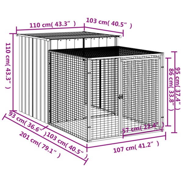 Gallinero con corral acero galvanizado gris 110x201x110 cm