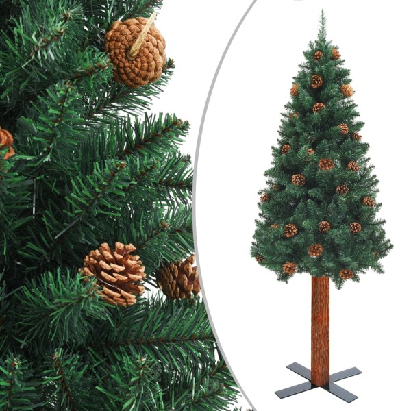 Árbol de Navidad delgado madera auténtica y piñas PVC 180 cm