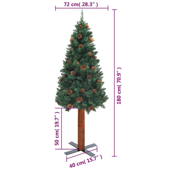 Árbol de Navidad delgado madera auténtica y piñas PVC 180 cm