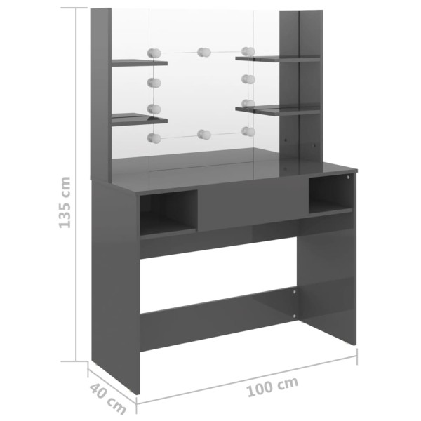 Tocador de maquillaje luces LED MDF gris brillo 100x40x135 cm