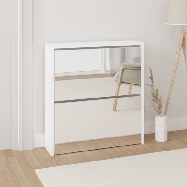 Mueble zapatero con espejo 2 niveles blanco brillo 63x17x67 cm