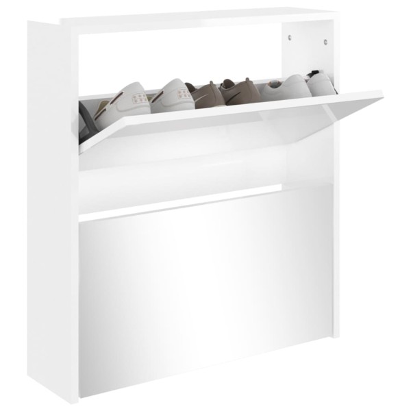 Mueble zapatero con espejo 2 niveles blanco brillo 63x17x67 cm