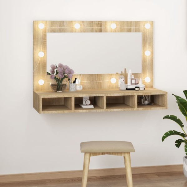 Mueble con espejo y LED color roble Sonoma 90x31,5x62 cm