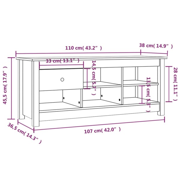 Mueble zapatero de madera maciza de pino negro 110x38x45,5 cm