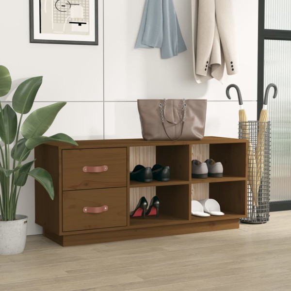 Banco zapatero madera maciza de pino marrón miel 100x34x45 cm