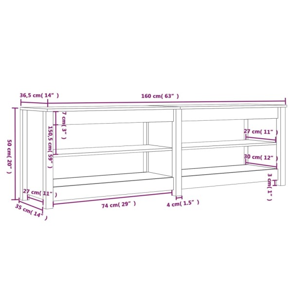 Banco zapatero de madera maciza de pino 160x36,5x50 cm