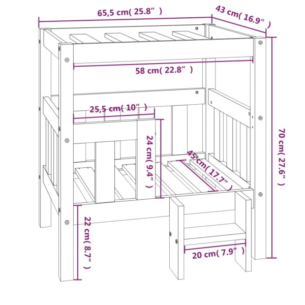 Cama para perros madera maciza de pino blanco 65,5x43x70 cm