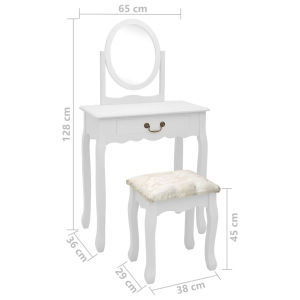 Tocador y taburete madera paulownia y MDF blanco 65x36x128 cm