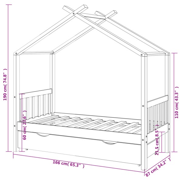 Estructura de cama infantil y cajón madera pino gris 80x160cm