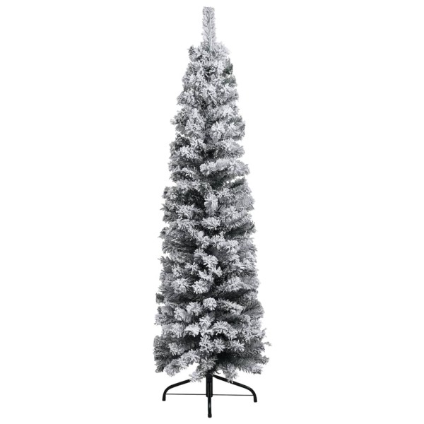 Árbol de Navidad delgado con luces, bolas y nieve verde 120 cm