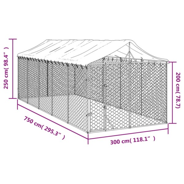 Perrera exterior con techo acero galvanizado plata 3x7,5x2,5 m