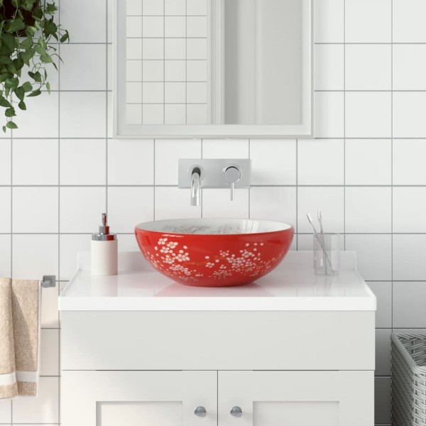 Lavabo sobre encimera redondo cerámica blanco y rojo Φ41x14 cm