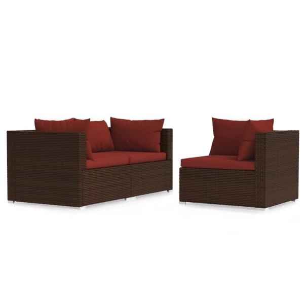 Set muebles de jardín 3 piezas y cojines ratán sintético marrón